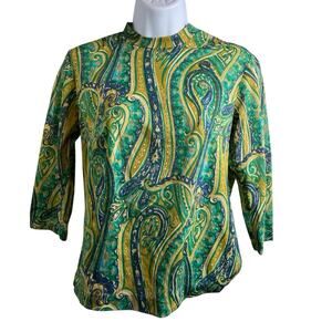 Vintage Bonwit Teller Green Paisley Groovy Top‎ Est. Size XS Psychedelic Boho